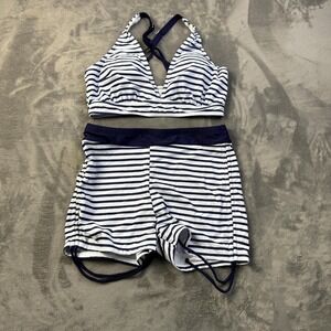 YONIQUE Tankini Swimsuit Womens Medium Navy White Striped Two Piece Swim Shorts